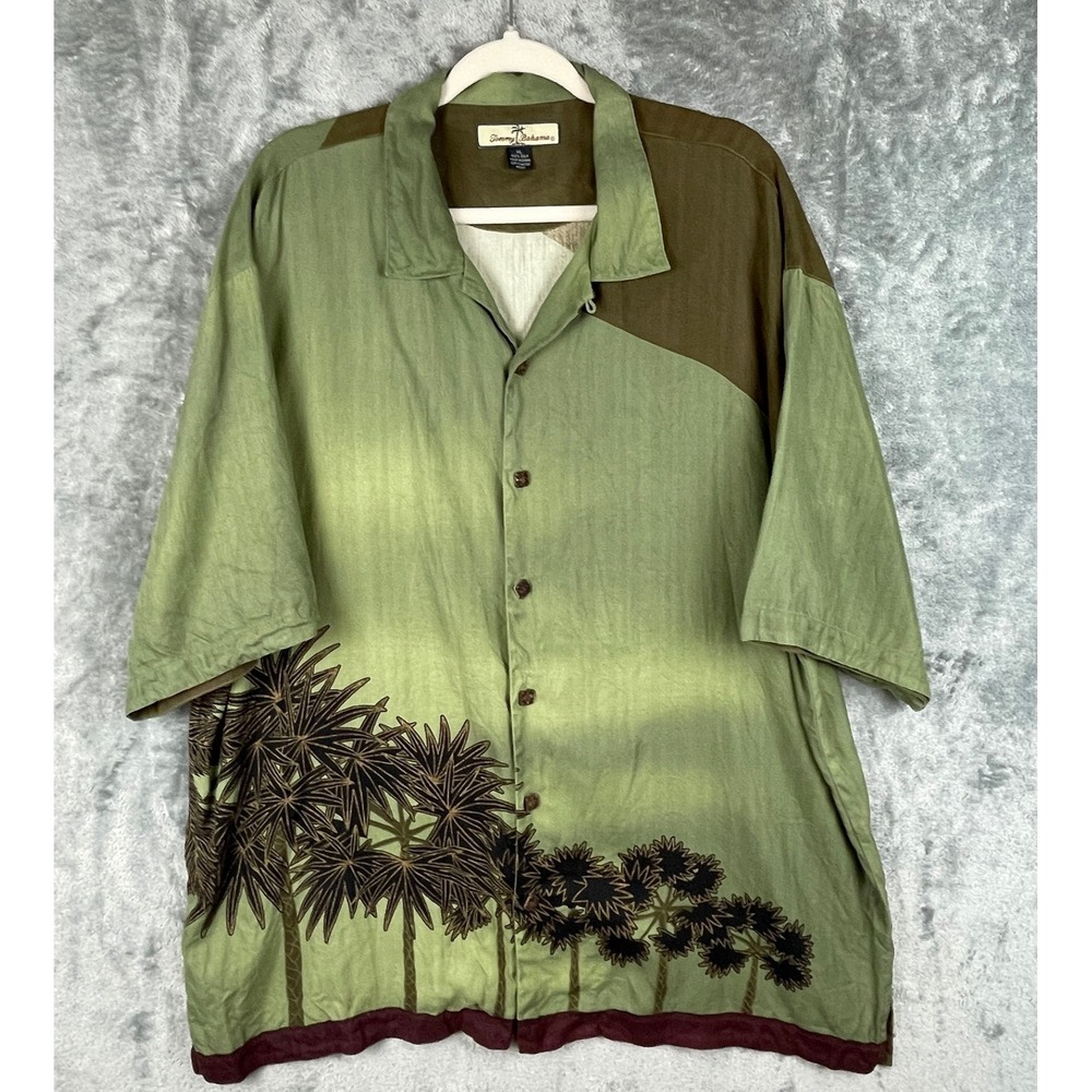 Tommy Bahama Silk Camp Shirt Mens XL Green Hawaiian Palm Trees Button Up Yacht